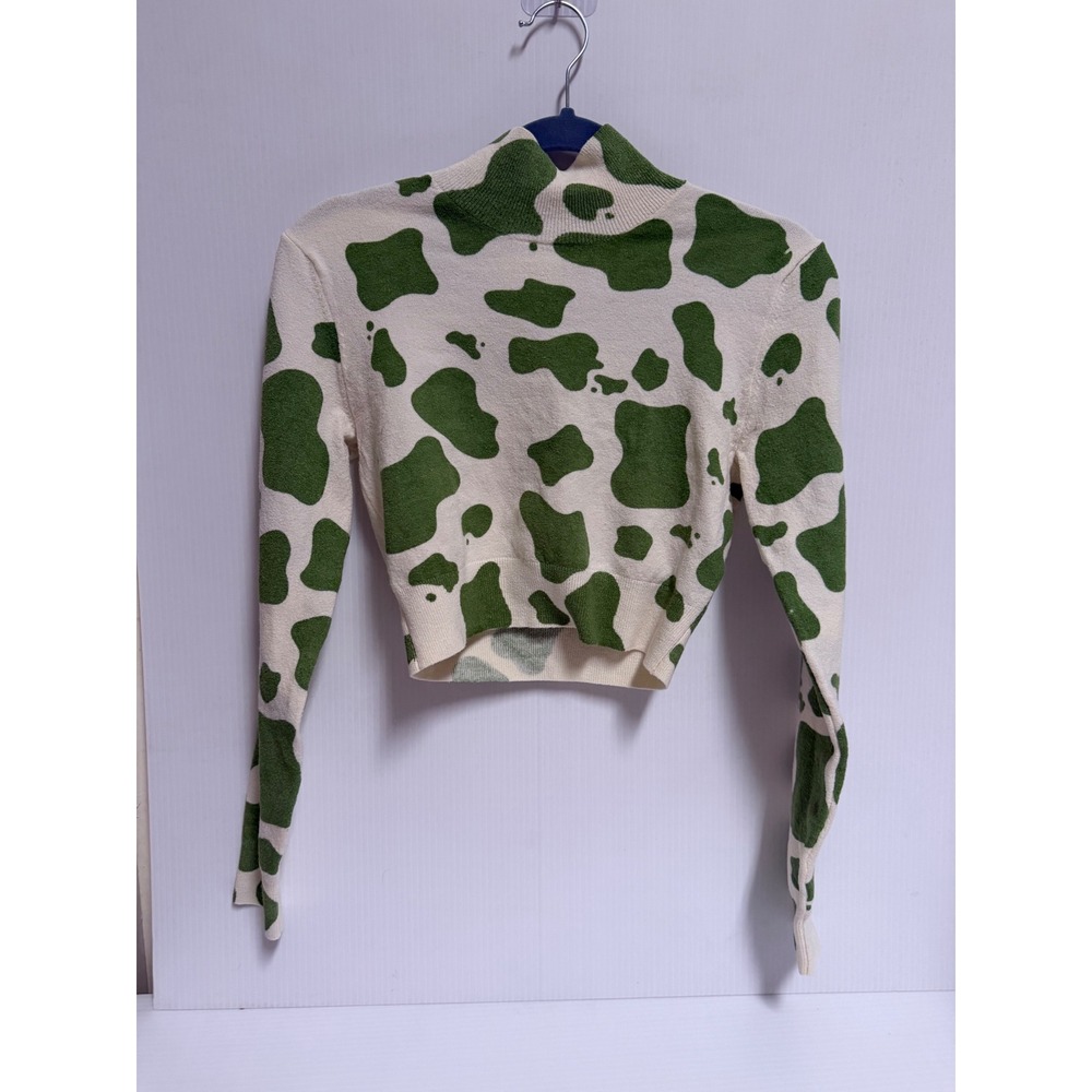Zara Green Cow Print Mock Neck Crop Top Long Sleeve Knit Sweater Small
